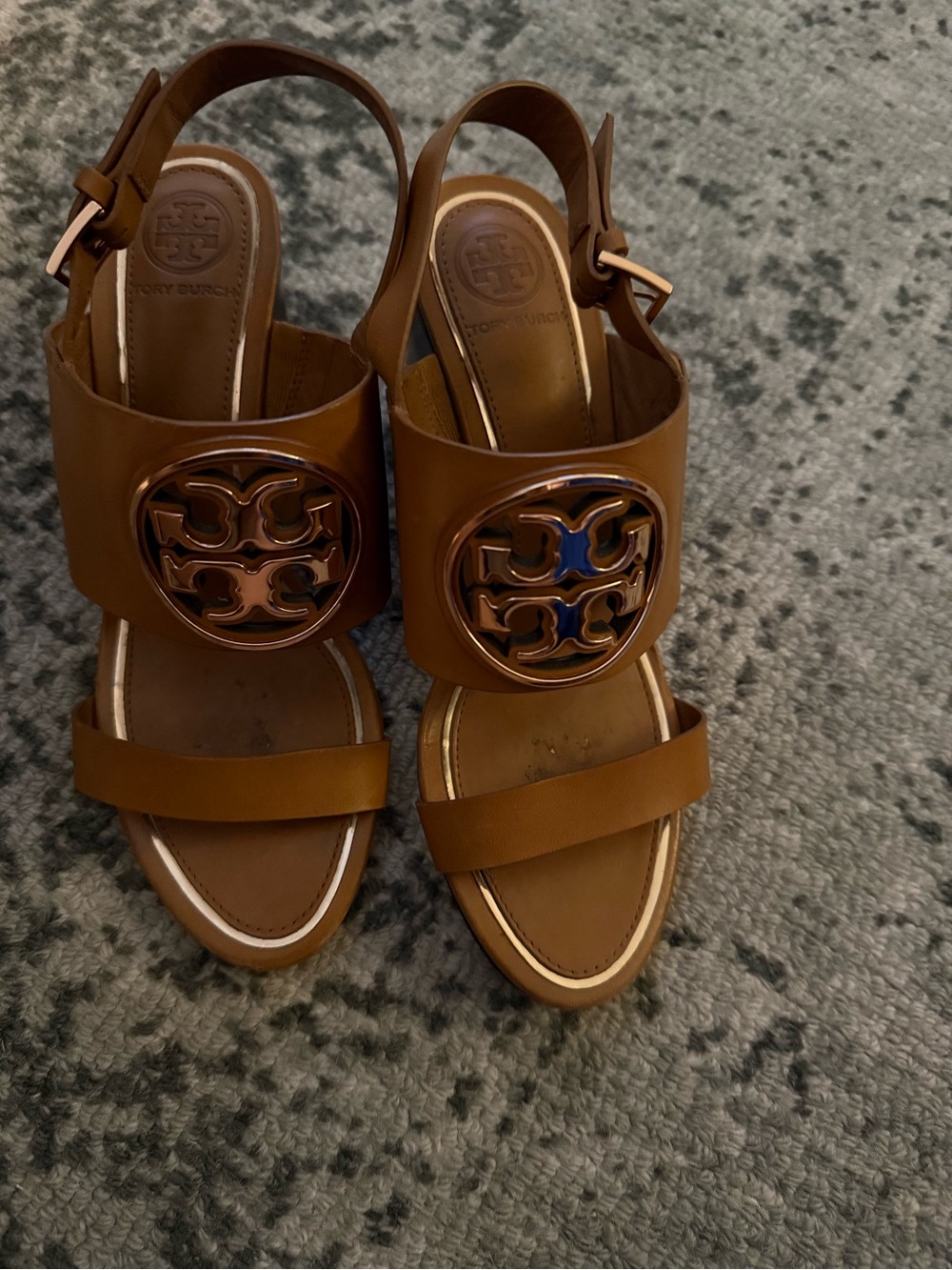 Tory Burch Brown  Leather Wedge Sandals with Gold Logo Medallion.